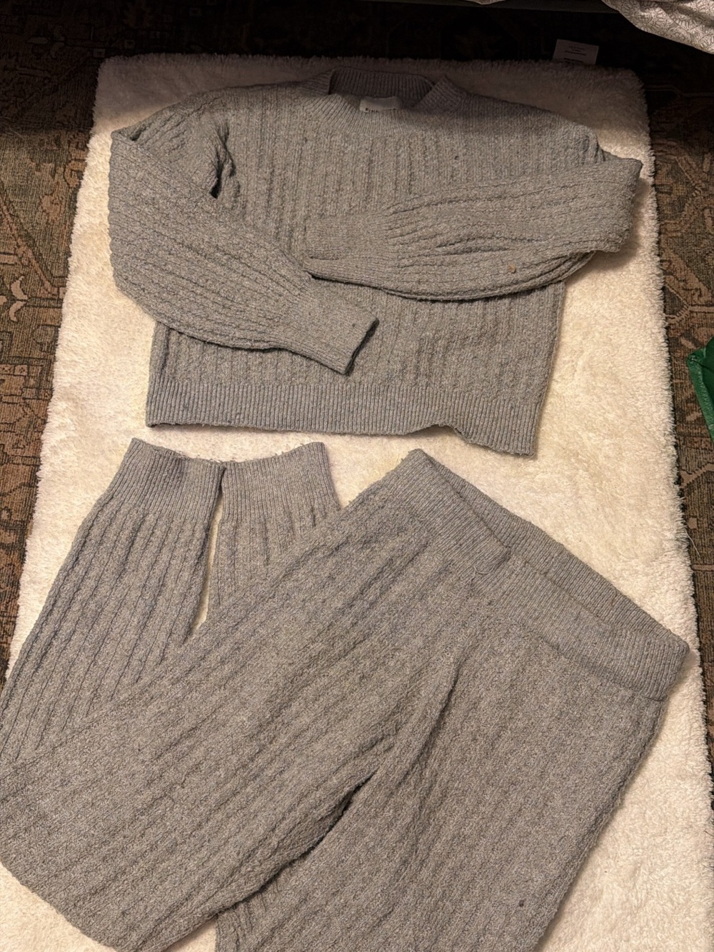 Pink Rose Ribbed Crewneck Sweater and Knit Pants - Light Gray